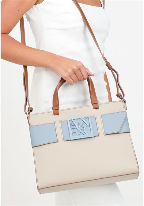 Shopper beige da donna con logo azzurro ARMANI EXCHANGE | 9426890A87415249